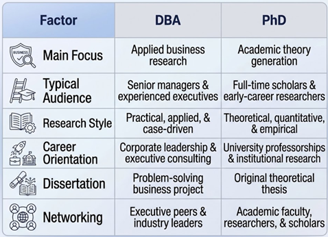 DBA vs PhD Difference in Study Structure Table